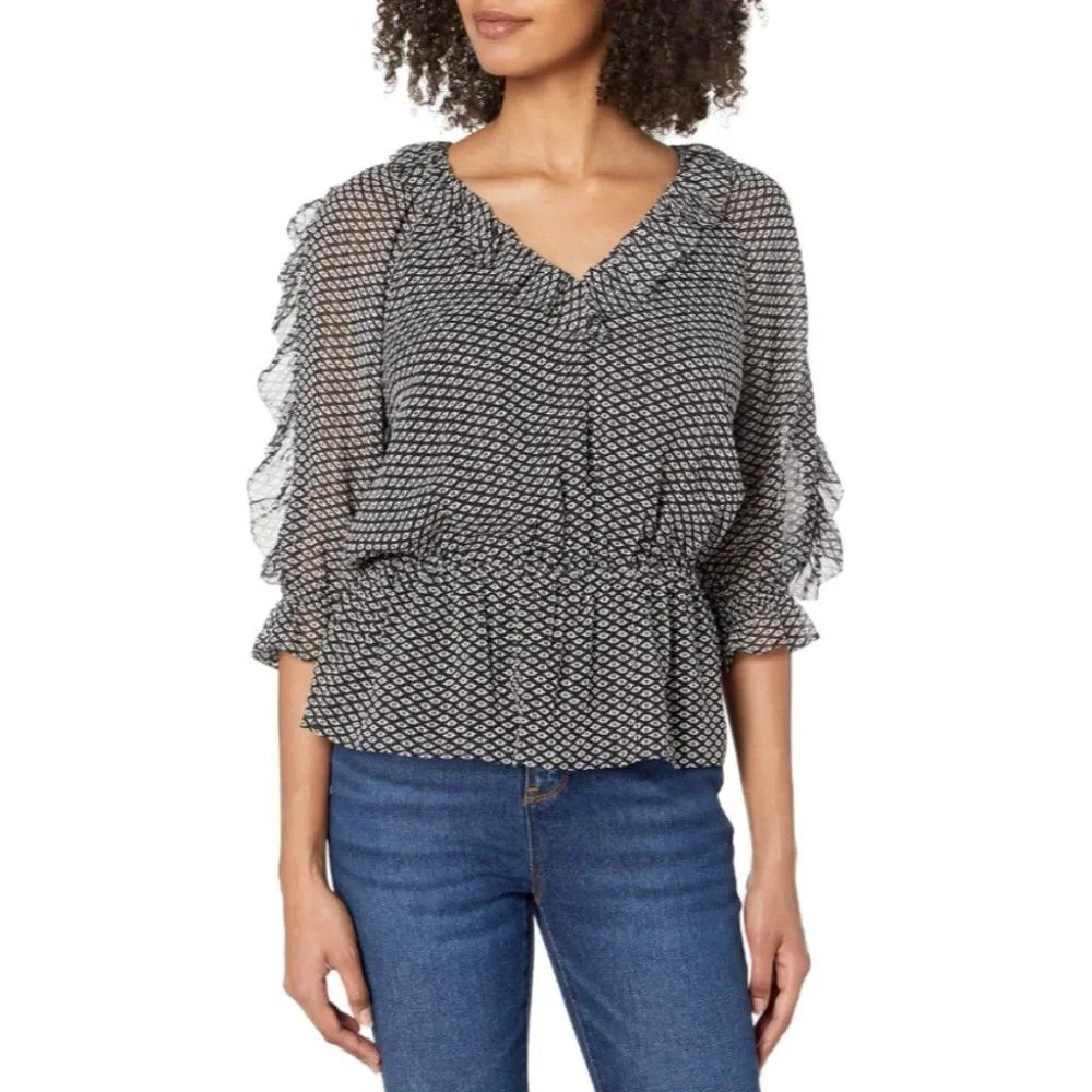 Joie Black  & White V-neck Zaida Ruffled Silk Top Elasticated Waist size S